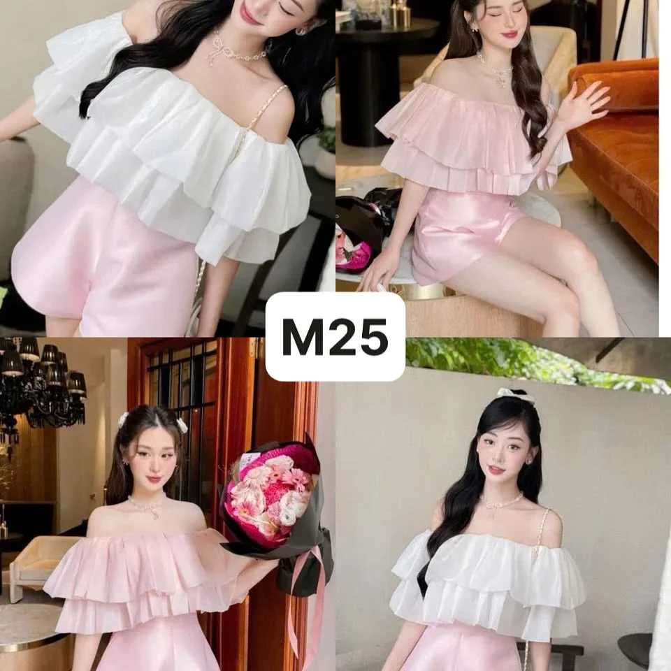 Photo 5 of Set áo trễ vai trắng quần short hồng