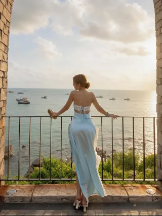 Ảnh 1 của Váy maxi lụa xanh hở lưng nữ