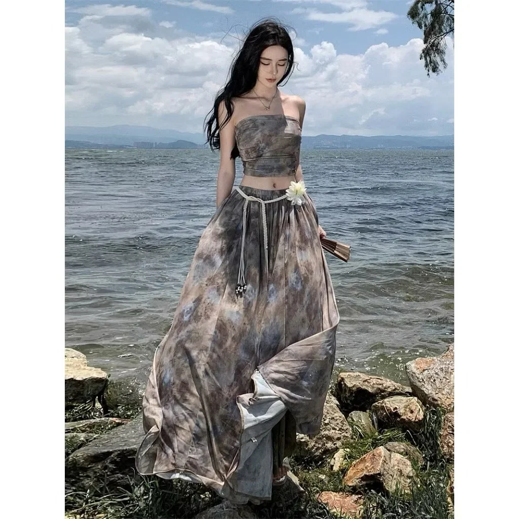 Ảnh 1 của Set áo quây váy maxi loang boho nữ