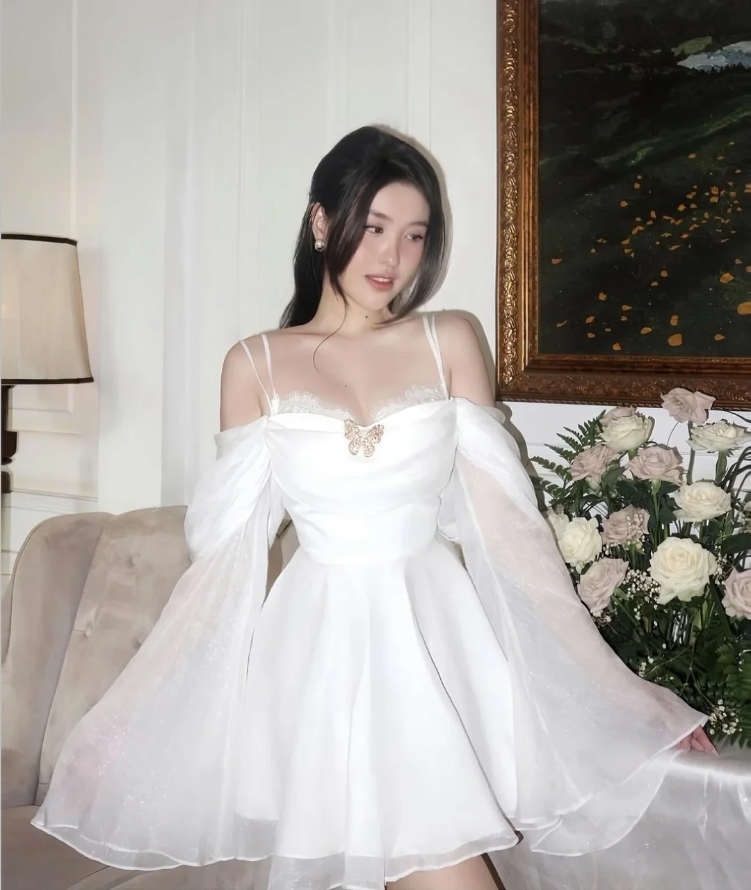 Ảnh 1 của Váy trắng trễ vai công chúa size M