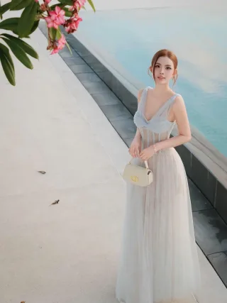 Photo 3 of Váy công chúa voan xanh nhạt nữ