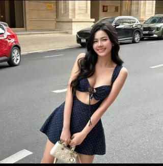 Photo 1 of Đầm ngắn chấm bi cutout xanh navy nữ