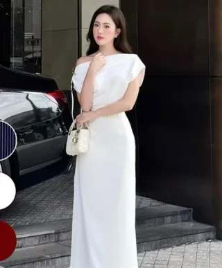 Photo 3 of Đầm maxi trễ vai trắng satin nữ