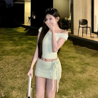 Photo 1 of Set áo váy len lông xanh mint nữ
