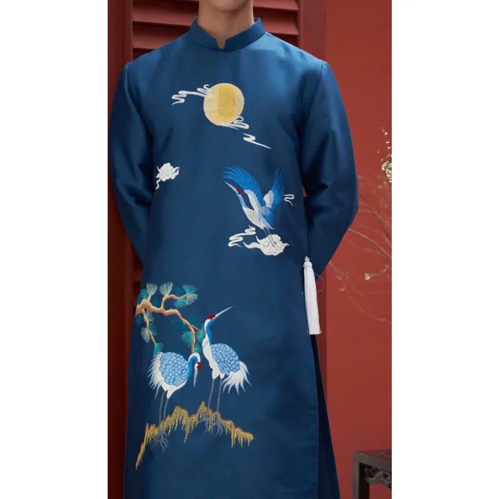 Photo 2 of Áo dài nam thêu rồng xanh dương truyền thống