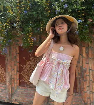 Photo 2 of Áo quây hồng buộc nơ hoa nữ size S/M