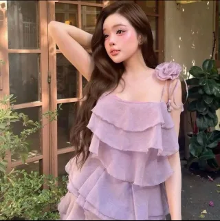 Ảnh 4 của Set áo hai dây bèo nhún tím nữ