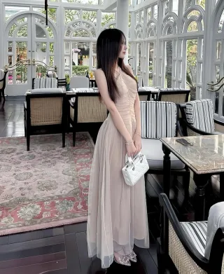 Ảnh 2 của Đầm dạ hội voan nude xòe sang trọng nữ