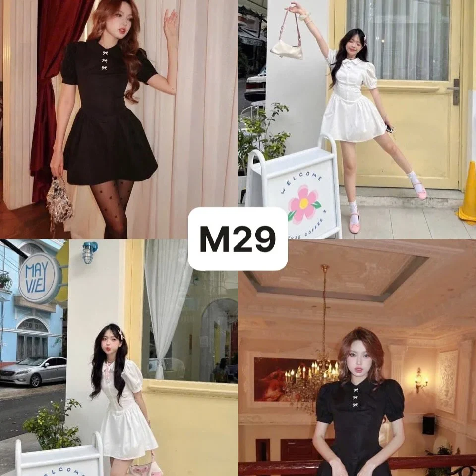 Ảnh 5 của Váy mini đen tay phồng nơ trắng nữ