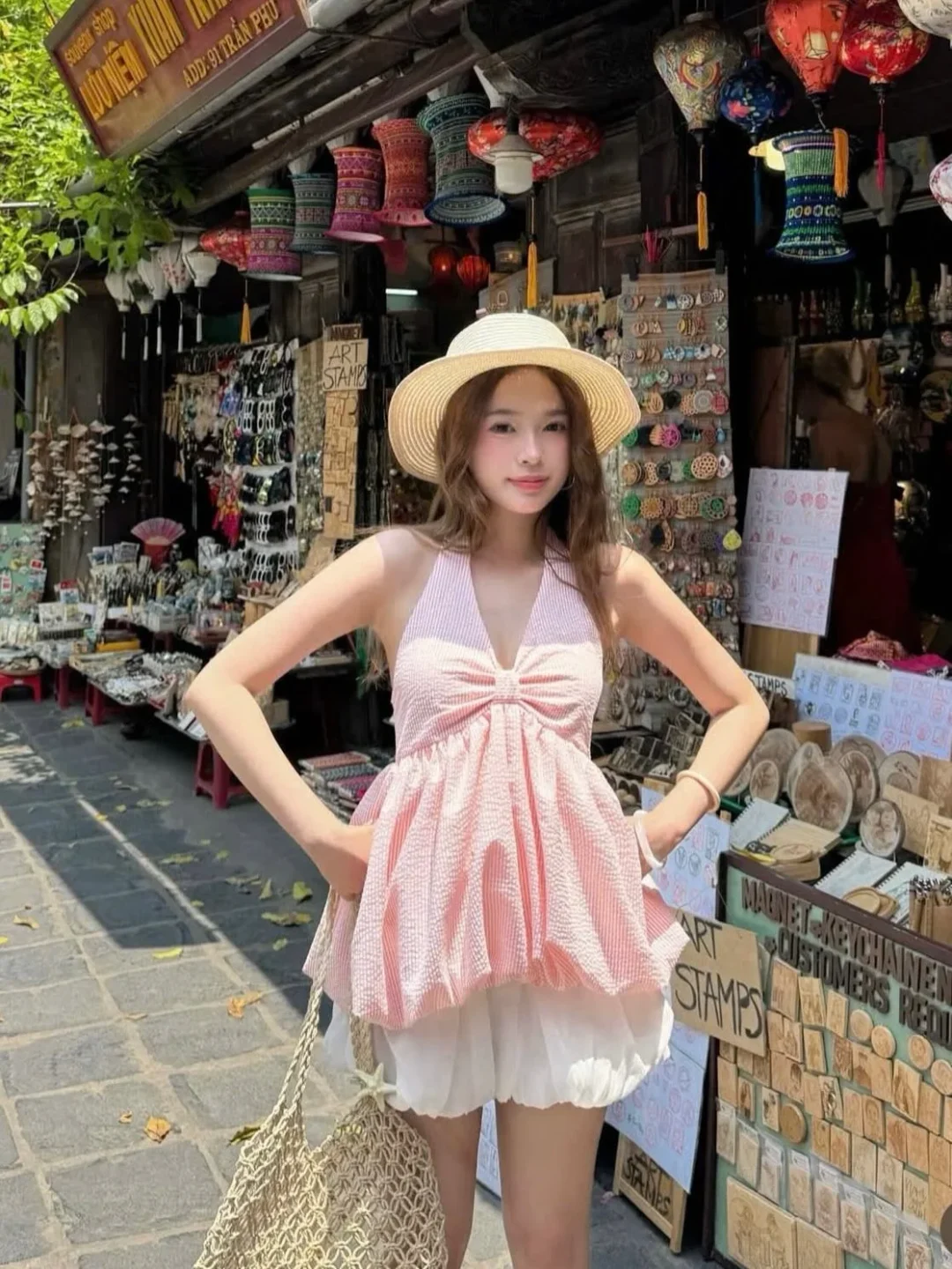 Photo 5 of Set áo yếm caro hồng trắng babydoll nữ