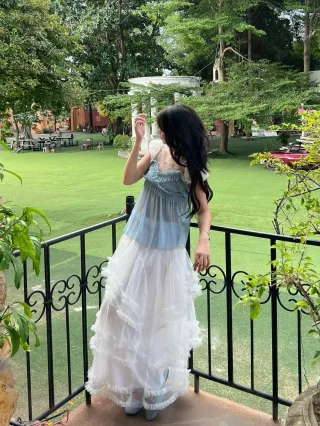 Photo 2 of Váy công chúa xòe bèo xanh nhạt nữ