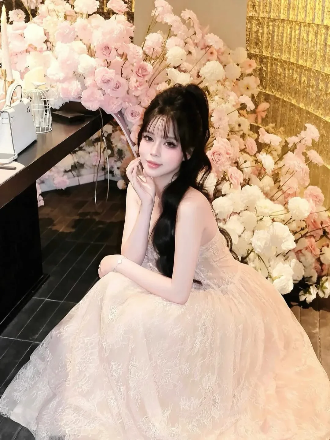 Ảnh 2 của Váy dạ hội ren hồng nhạt phom xòe size M