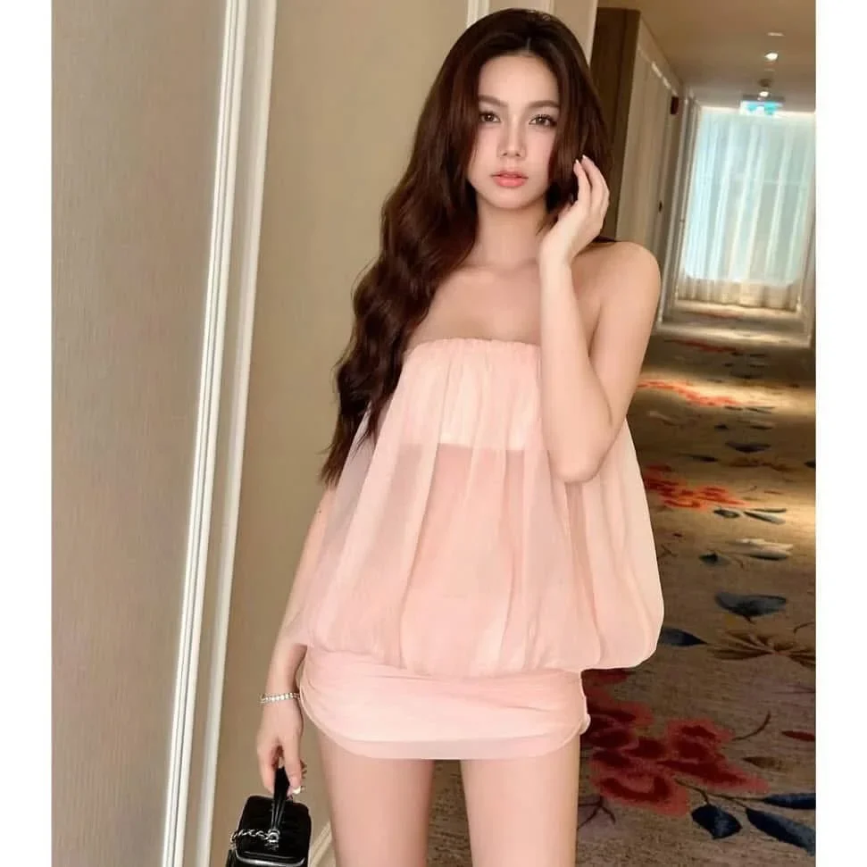 Photo 1 of Set áo voan hồng hai mảnh nữ tính
