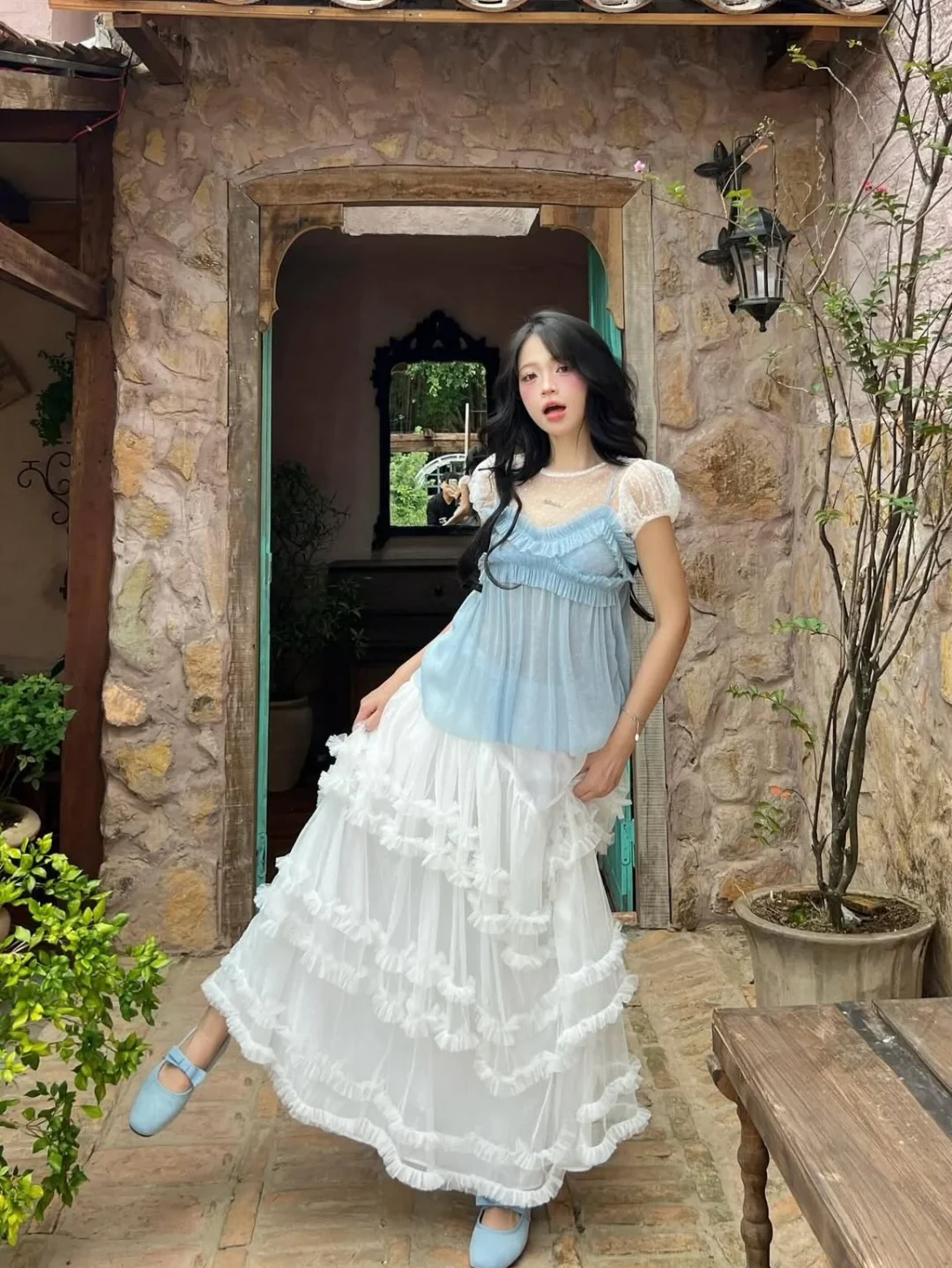 Photo 5 of Váy công chúa xòe bèo xanh nhạt nữ