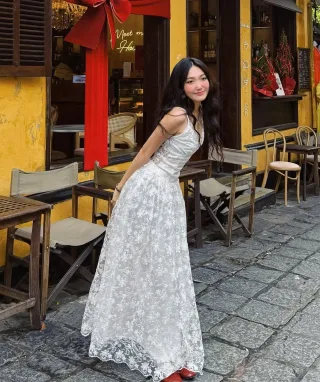 Photo 4 of Váy ren hoa trắng dài nữ S/M