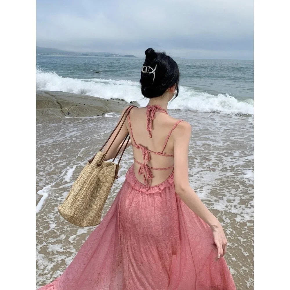 Ảnh 5 của Váy maxi ren vintage màu hồng nữ