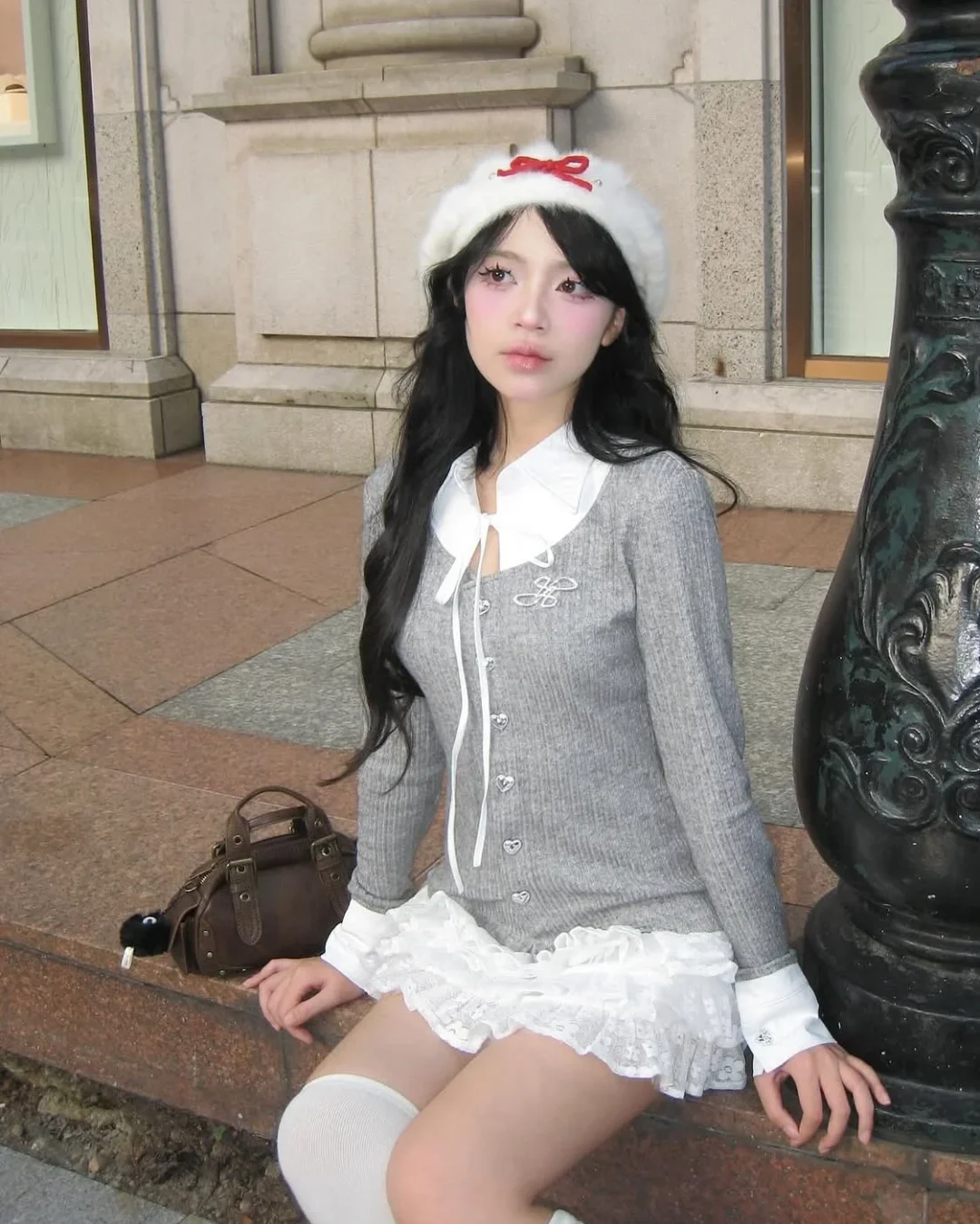 Photo 1 of Set áo cardigan xám váy ren trắng lolita nữ