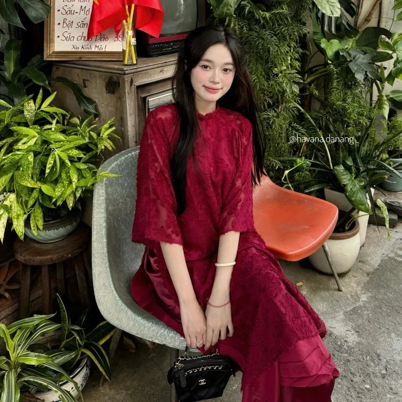 Ảnh 4 của Áo dài ren đỏ Yên Phượng nữ