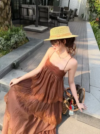 Ảnh 4 của Đầm maxi ren nâu gỉ boho nữ