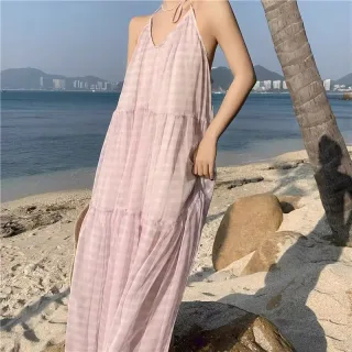 Photo 2 of Váy maxi caro tím nhạt nữ cho thuê