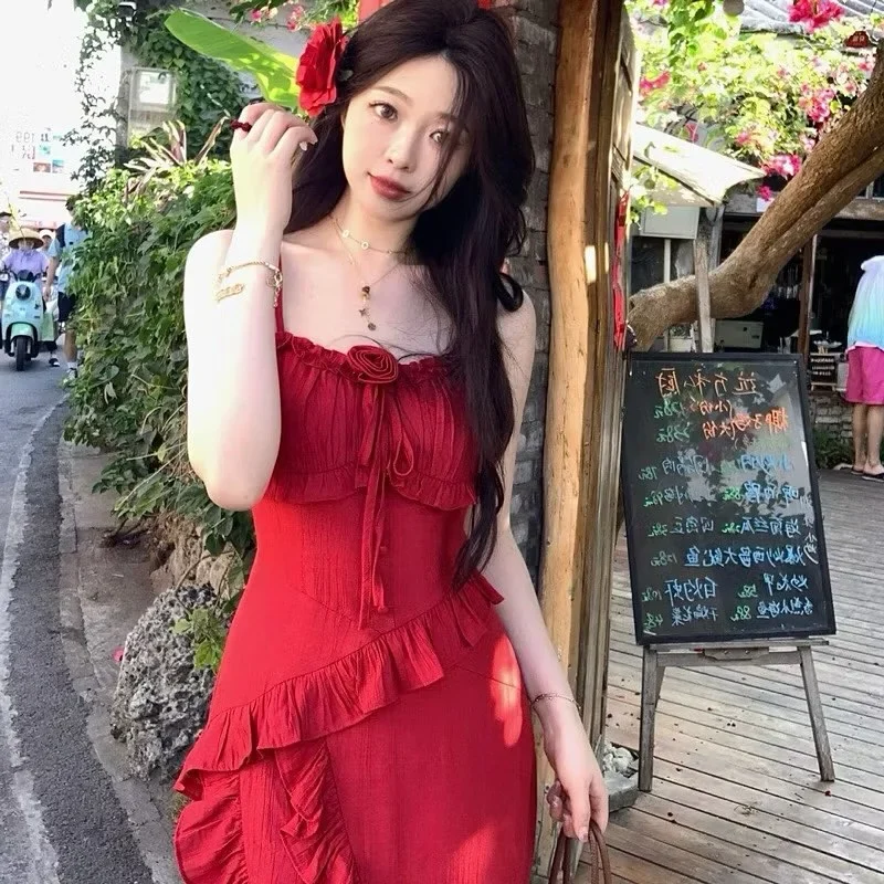 Photo 3 of Váy maxi đỏ ruffle nữ cho thuê