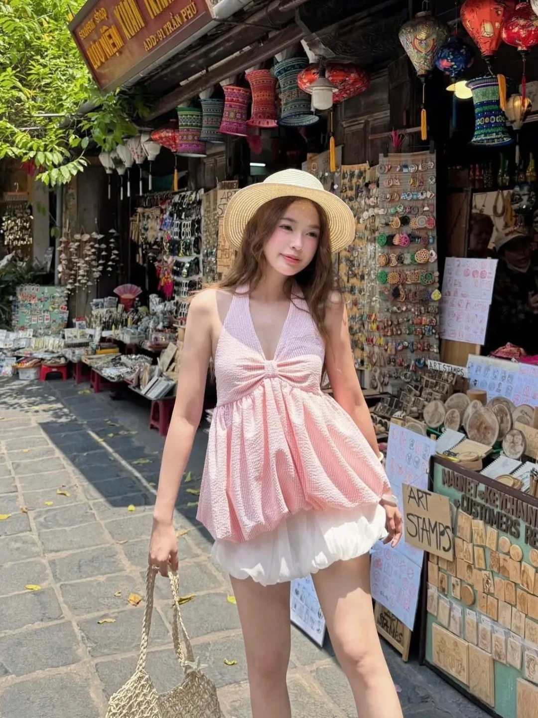 Photo 6 of Set áo yếm caro hồng trắng babydoll nữ