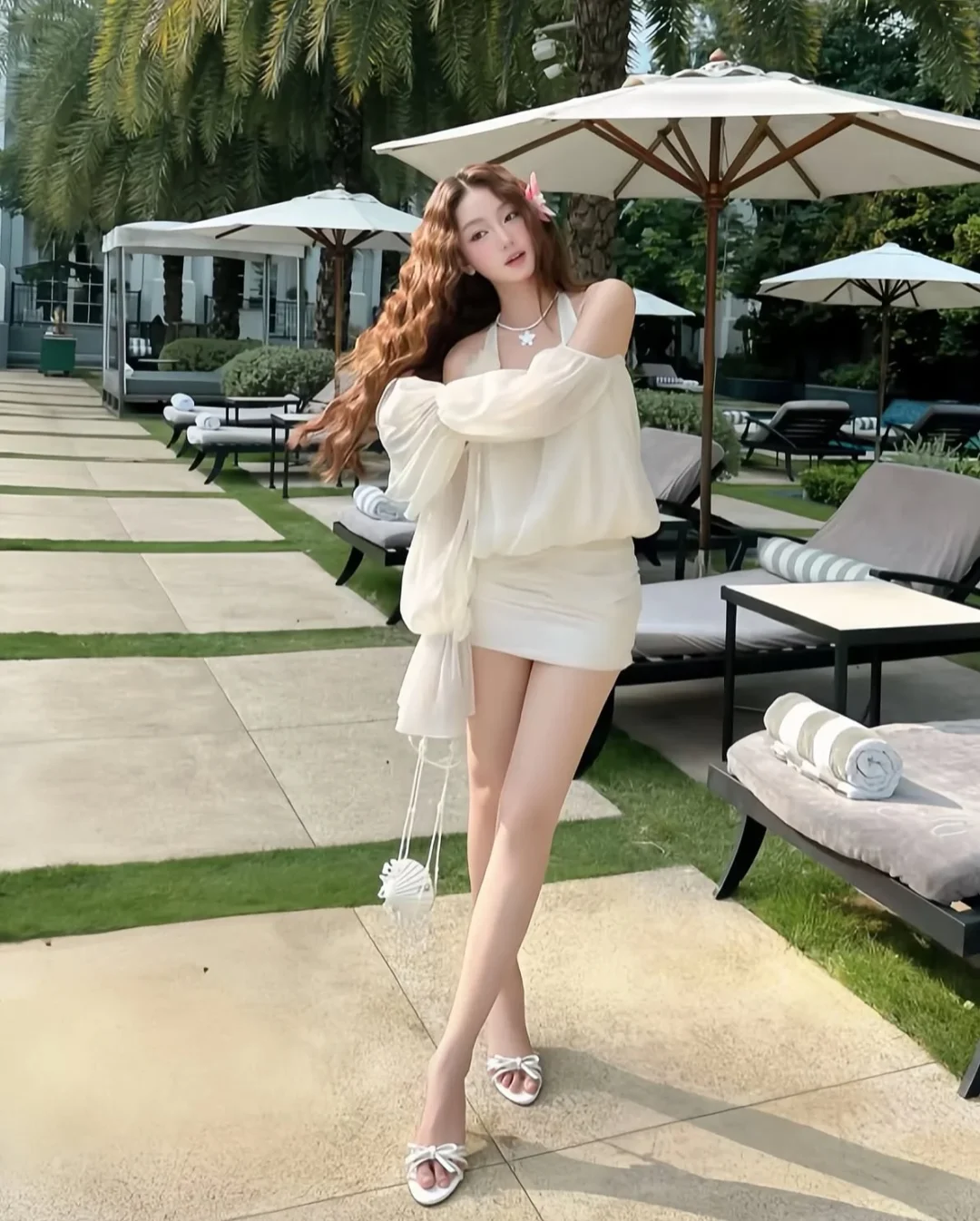 Ảnh 2 của Set áo váy lụa trễ vai kem nữ