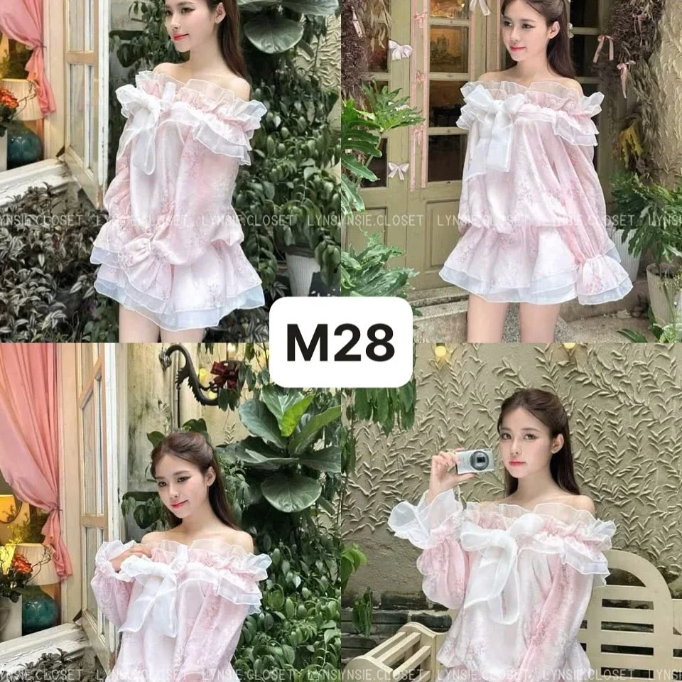 Ảnh 5 của Váy maxi hồng trễ vai bèo nhún nữ