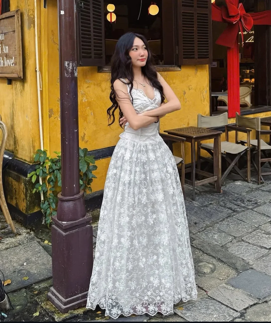 Photo 1 of Váy ren hoa trắng dài nữ S/M