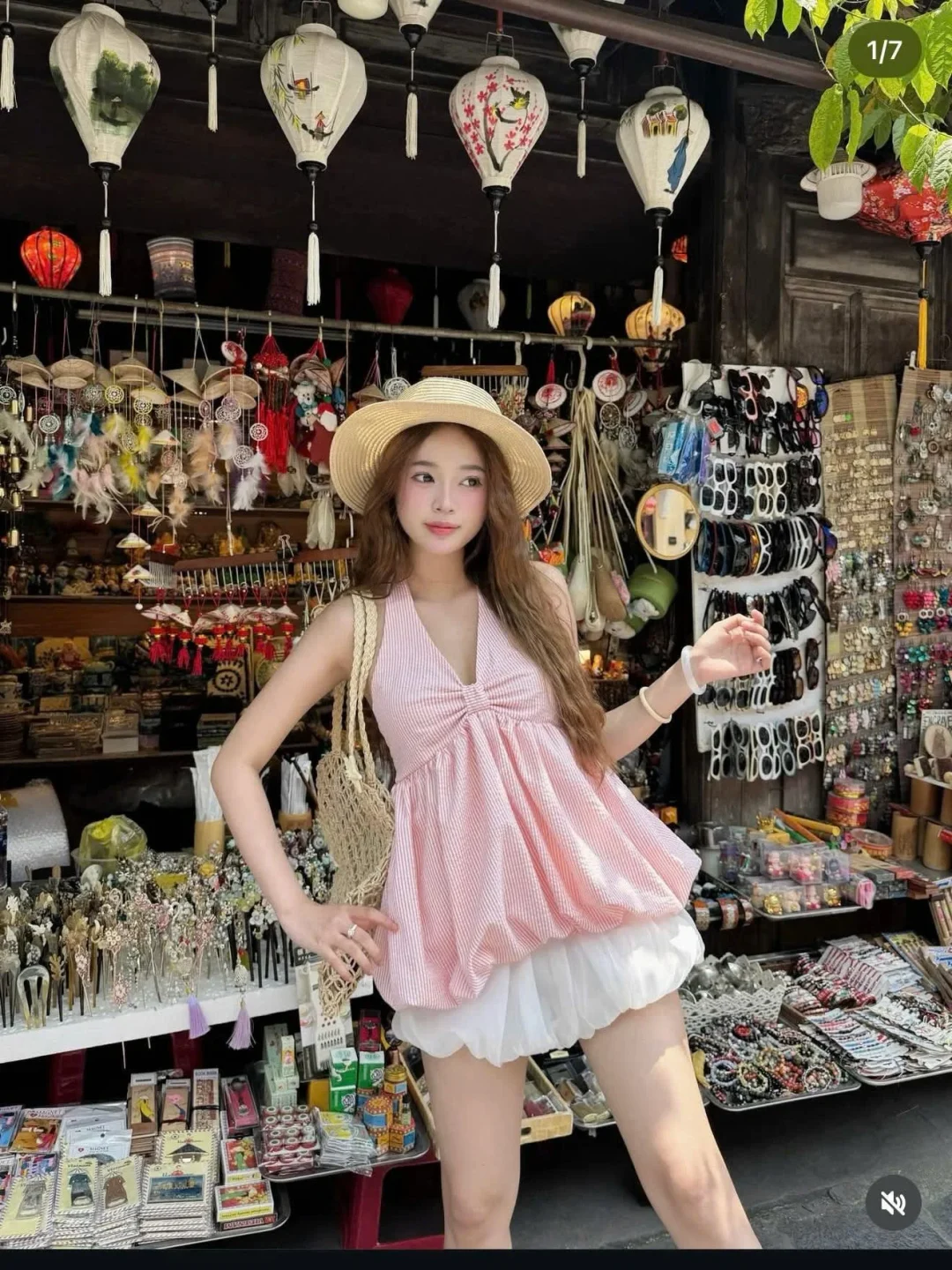 Photo 2 of Set áo yếm caro hồng trắng babydoll nữ