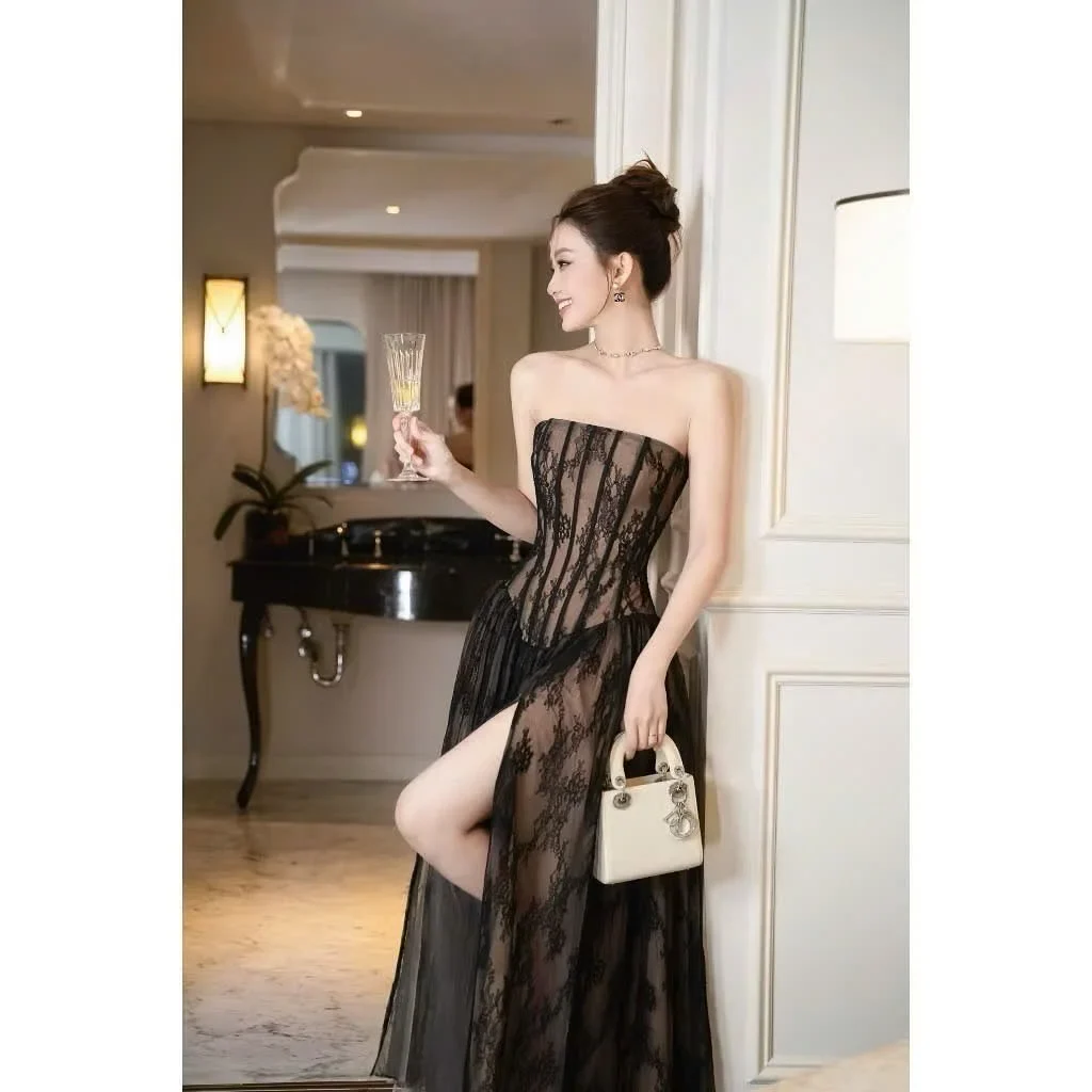 Ảnh 1 của Đầm maxi ren đen cúp ngực nữ