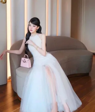 Ảnh 3 của Đầm dạ hội ren voan trắng kem nữ