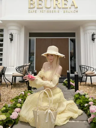 Ảnh 1 của Set áo váy nữ trễ vai vàng boho