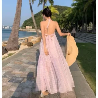 Photo 1 of Váy maxi caro tím nhạt nữ cho thuê