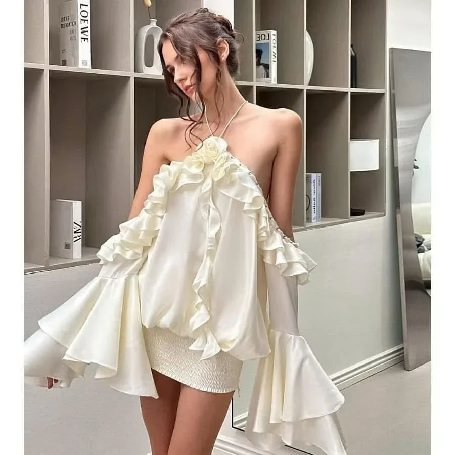 Ảnh 2 của Set áo trễ vai bèo nhún kem nữ
