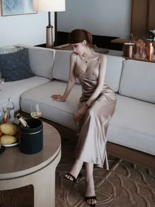 Photo 1 of Váy lụa satin dài hai dây be nhạt