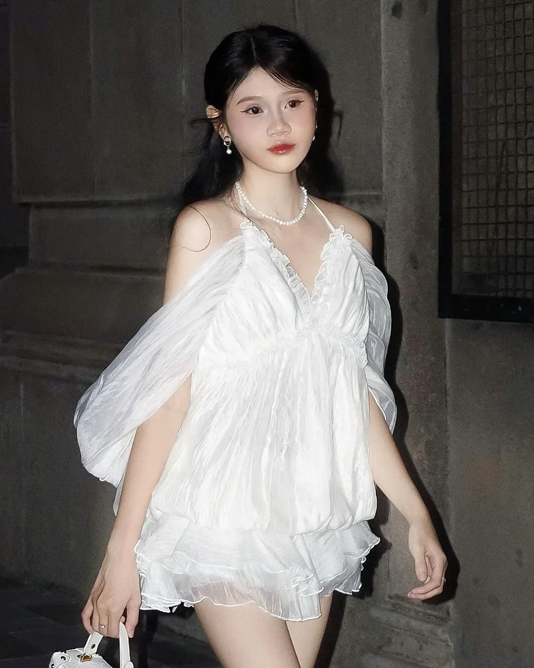 Photo 1 of Set váy trắng bèo nhún voan nữ
