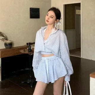 Ảnh 4 của Set áo sơ mi sọc xanh size S nữ