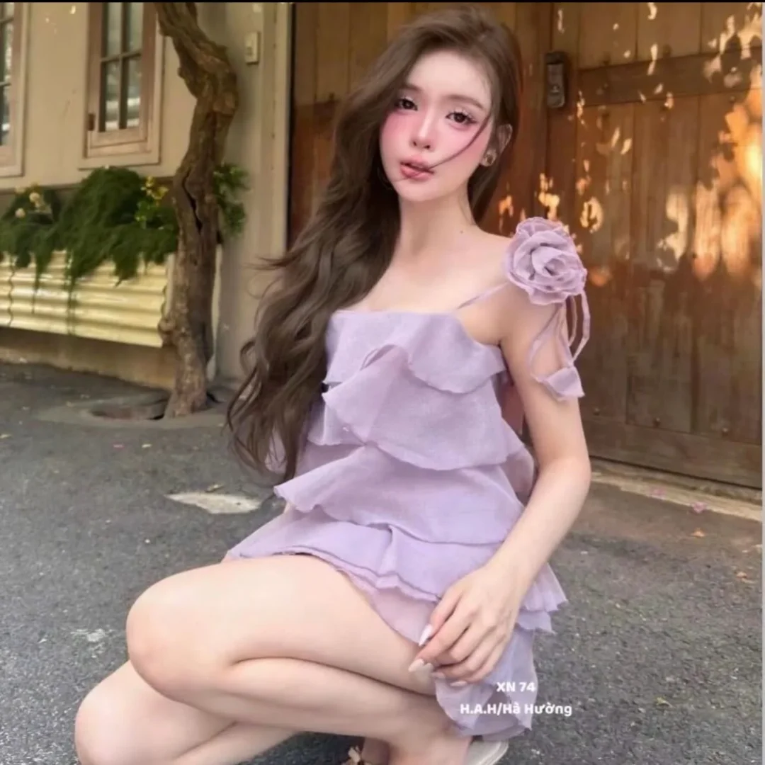 Ảnh 3 của Set áo hai dây bèo nhún tím nữ