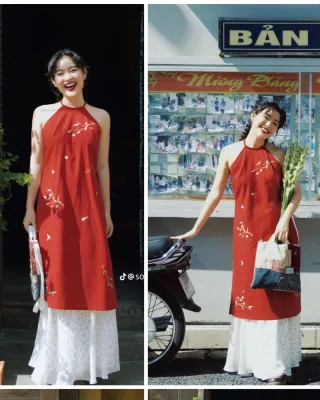 Ảnh 4 của Yếm thêu đỏ freesize phong cách nữ