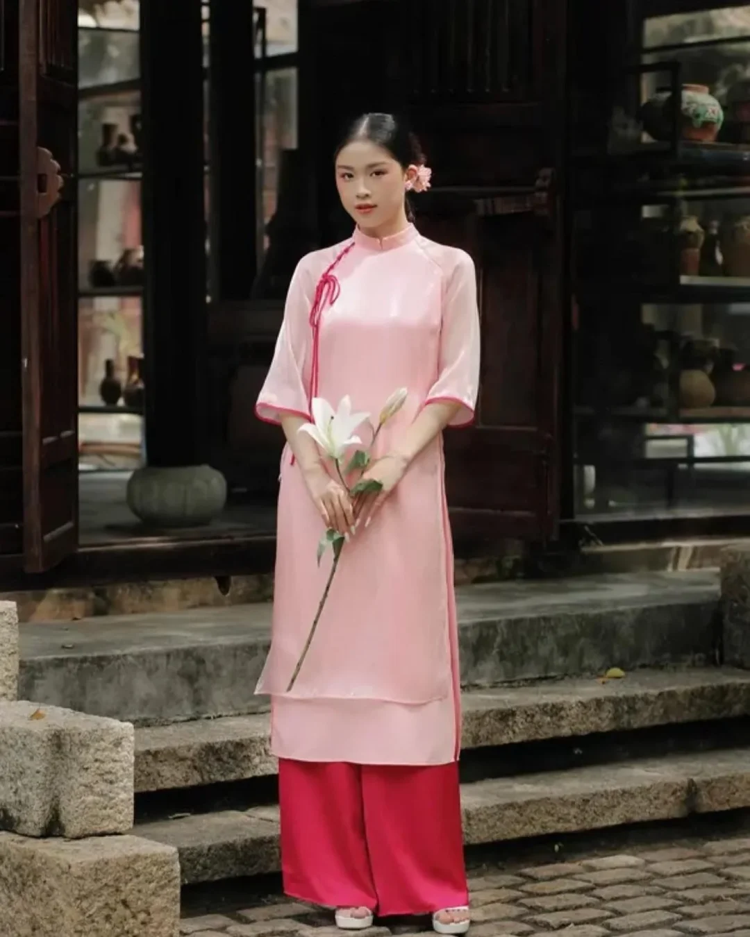 Photo 1 of Set áo dài voan kiếng hồng size M nữ