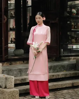 Photo 1 of Set áo dài voan kiếng hồng size M nữ