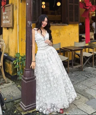 Photo 2 of Váy ren hoa trắng dài nữ S/M