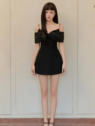 Ảnh 2 của Đầm ngắn đen trễ vai Aguja Studio size S