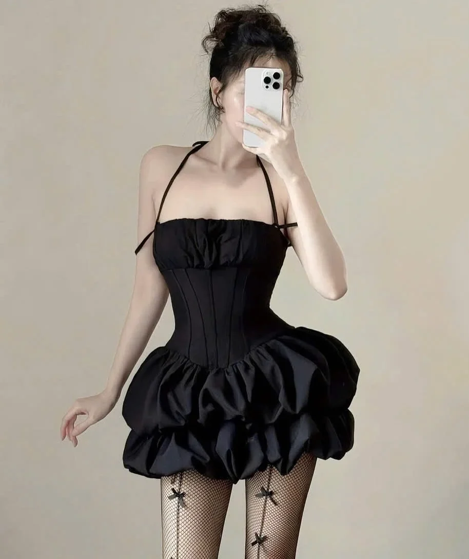 Ảnh 1 của Đầm corset đen bồng bềnh satin nữ