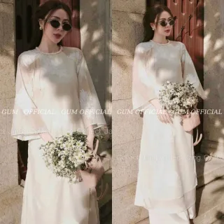 Ảnh 2 của Áo dài trắng kem thêu hoa sen nữ
