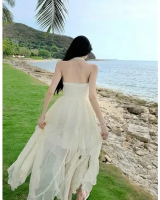 Ảnh 3 của Đầm maxi voan halter màu kem nữ