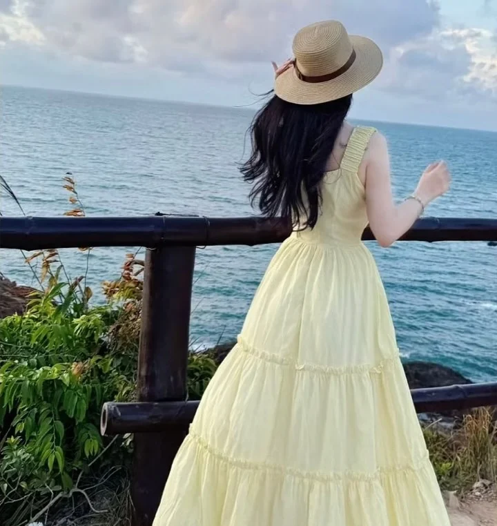 Photo 2 of Váy maxi vàng voan boho nữ