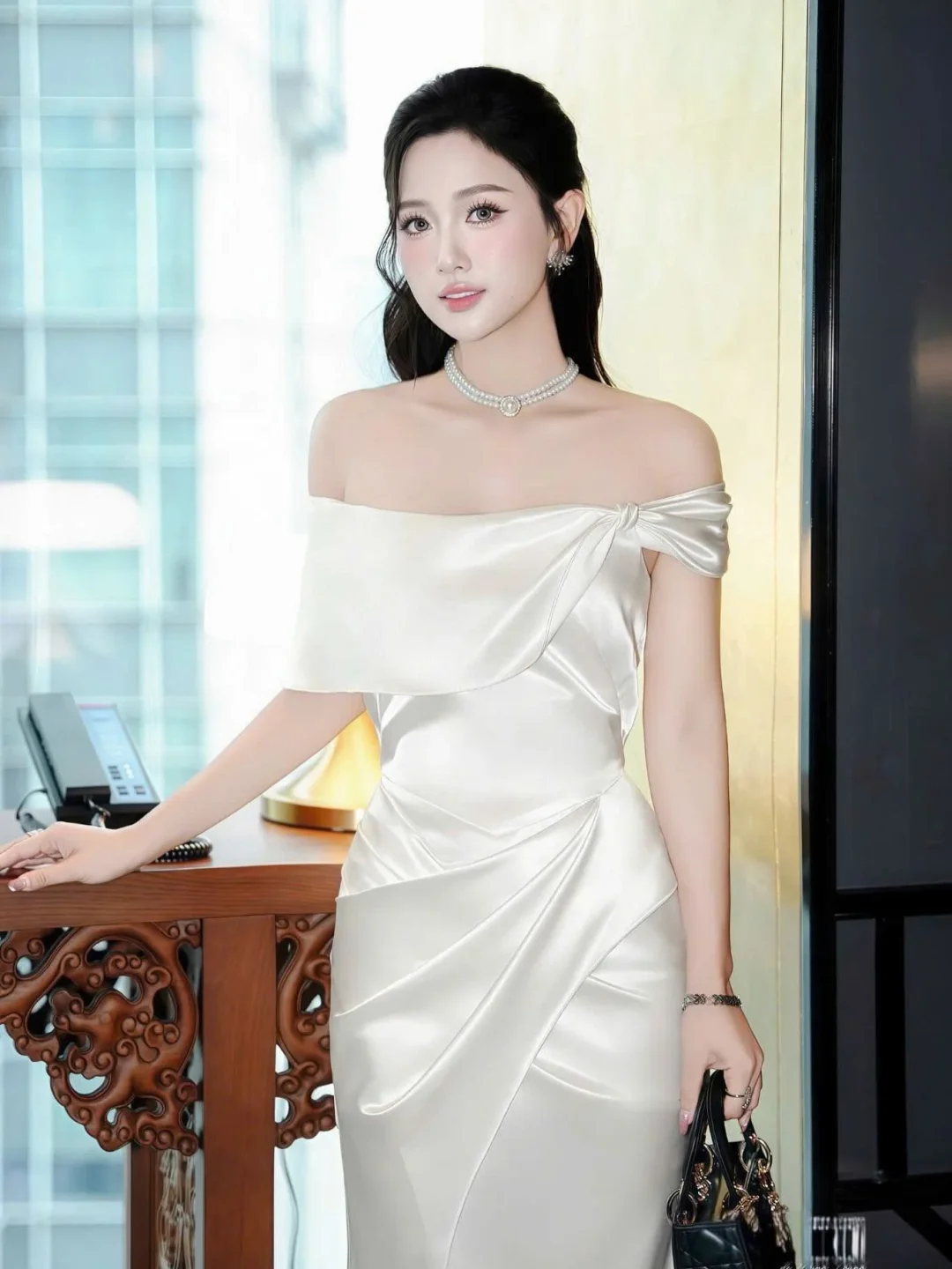 Ảnh 4 của Váy dạ hội satin trắng trễ vai size M