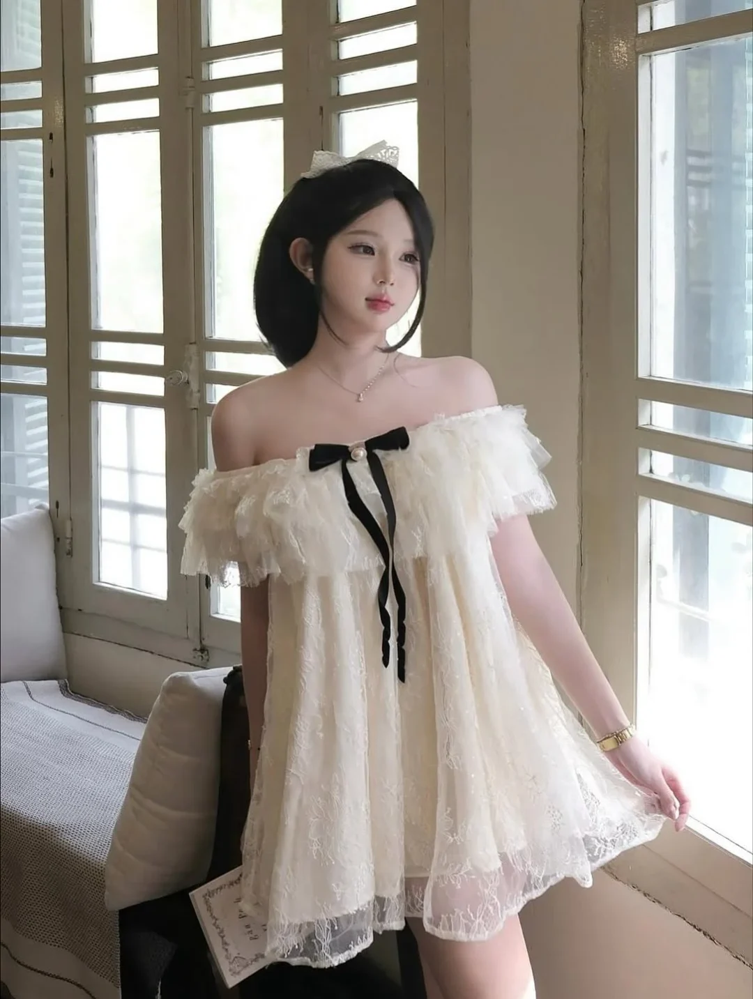 Photo 7 of Váy trễ vai voan kem babydoll nữ